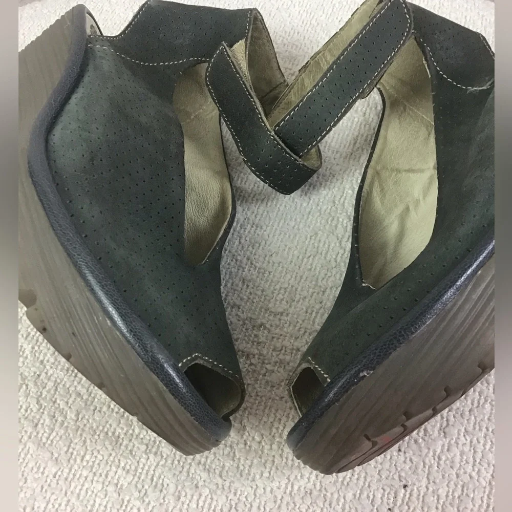 Fly London Yala Perforated Suede Forest Green Peep Toe Ankle Strap Women’s 38